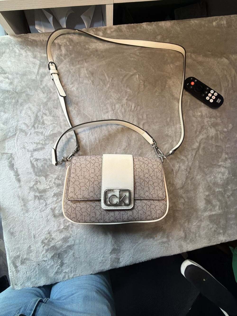 Calvin Klein Women's Nadine Signature Shoulder Bag Khaki Vanilla White
